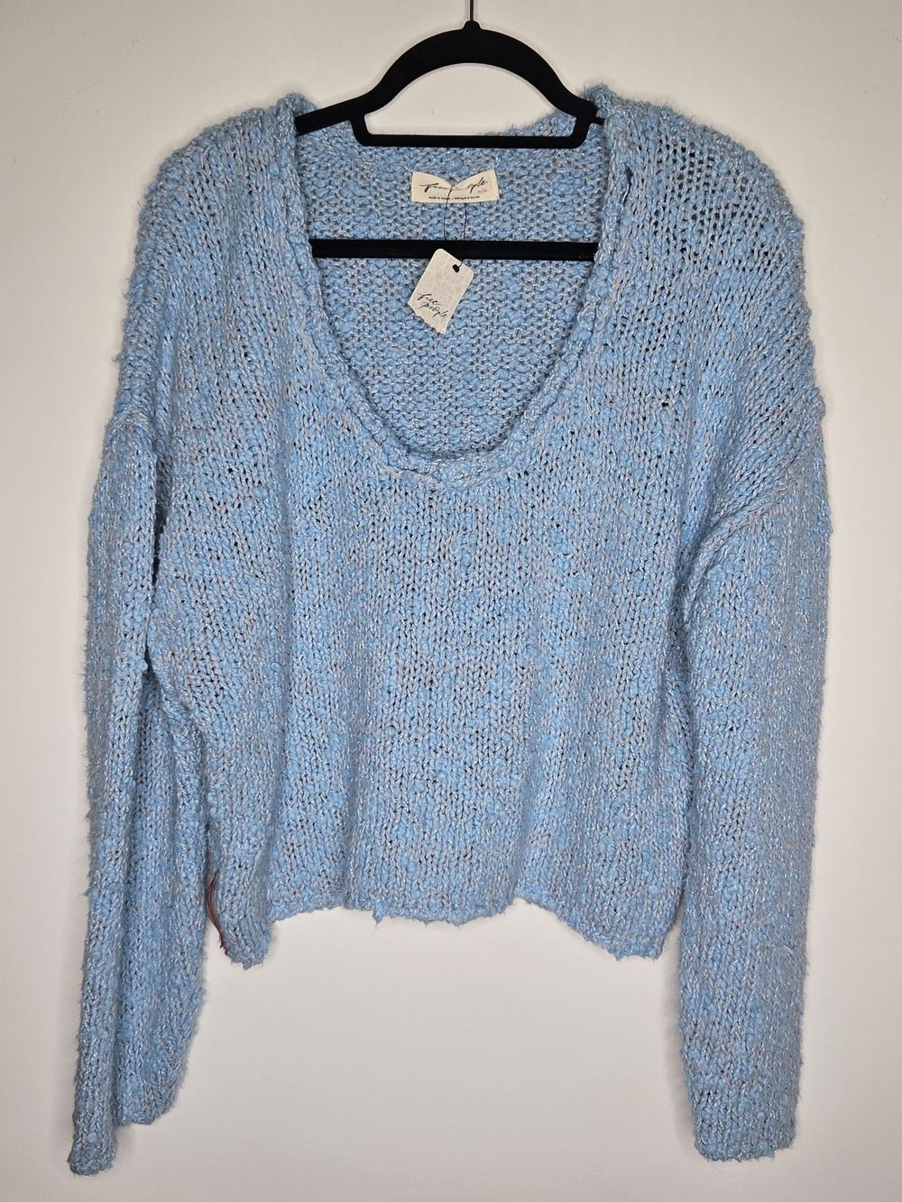 NWT Free People Firefly Pullover Light Blue Bouclé Open Knit Scoop Neck Sweater